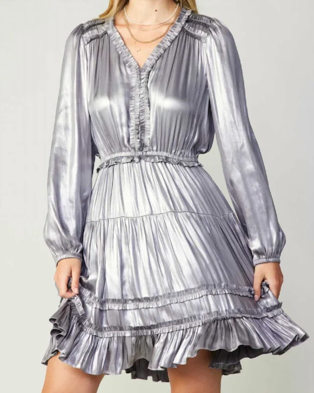 Metallic Tiered Mini Dress In Silver | Silver Trendy Tie-Dye Mini Dress