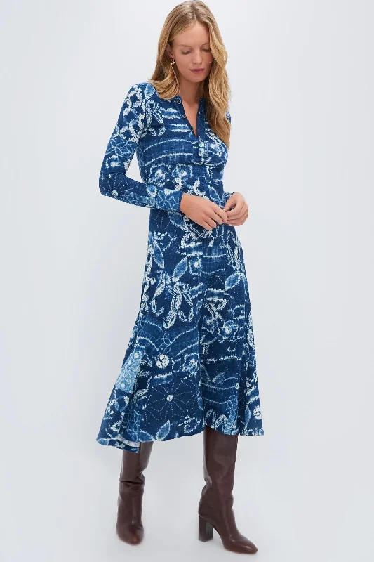 Indigo Shabori Patchwork Rowie Long Sleeve Day Dress Tunics Seasonal trendy