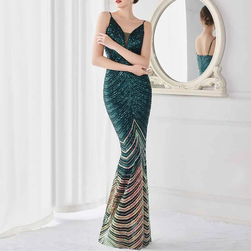 Women Shiny Sleeveless Formal Evening Dresses Spaghetti Strap Ball Gown S-4XL Turtleneck Warm Winter