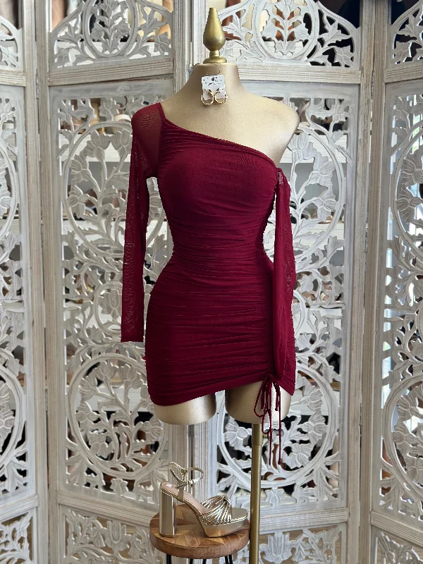 Burgundy Asymmetrical Ruched Mini Dress-Stretchy Fashionable Mini Dress with Slits