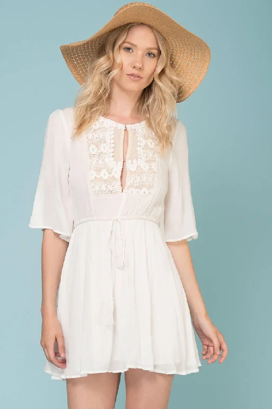 Kayla Tie Waist Crochet Details Dress White Tunics Fashionable trendy