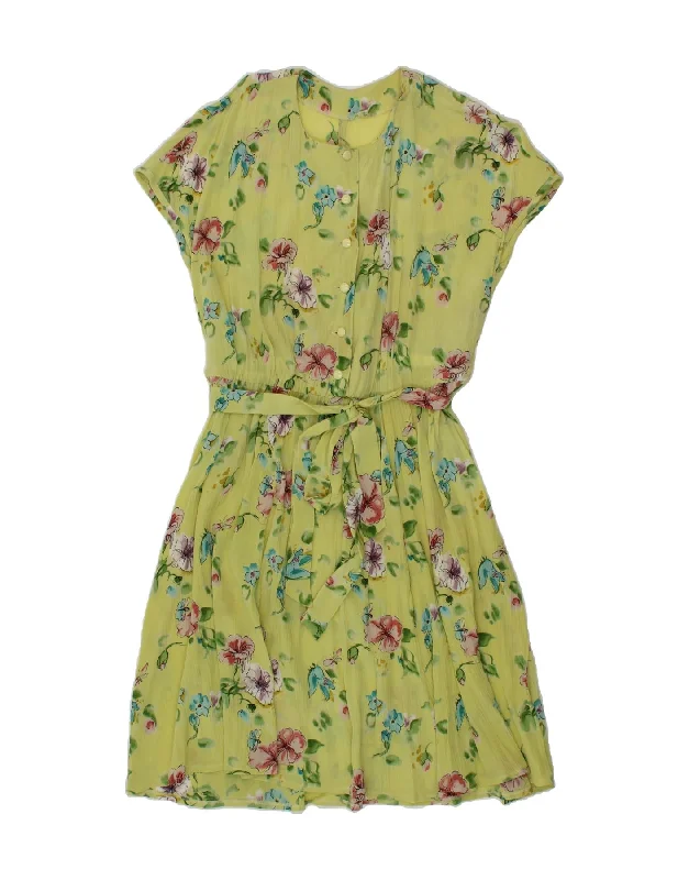 VINTAGE Womens A-Line Dress UK 16 Large Yellow Floral Casual Short Summer