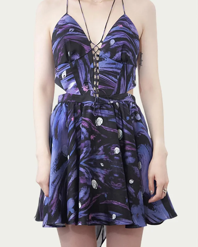 Zeta Lace-Up Cutout Halterneck Mini Dress in Purple/Blue | Purple/Blue Modern Satin Mini Dress