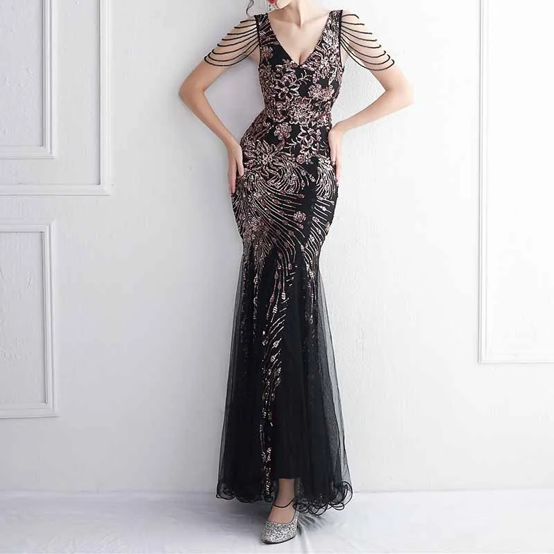 Women's Pattern Sequin Short Sleeve Flapper Mermaid Evening Dress Prom Tunics Chic fashionable