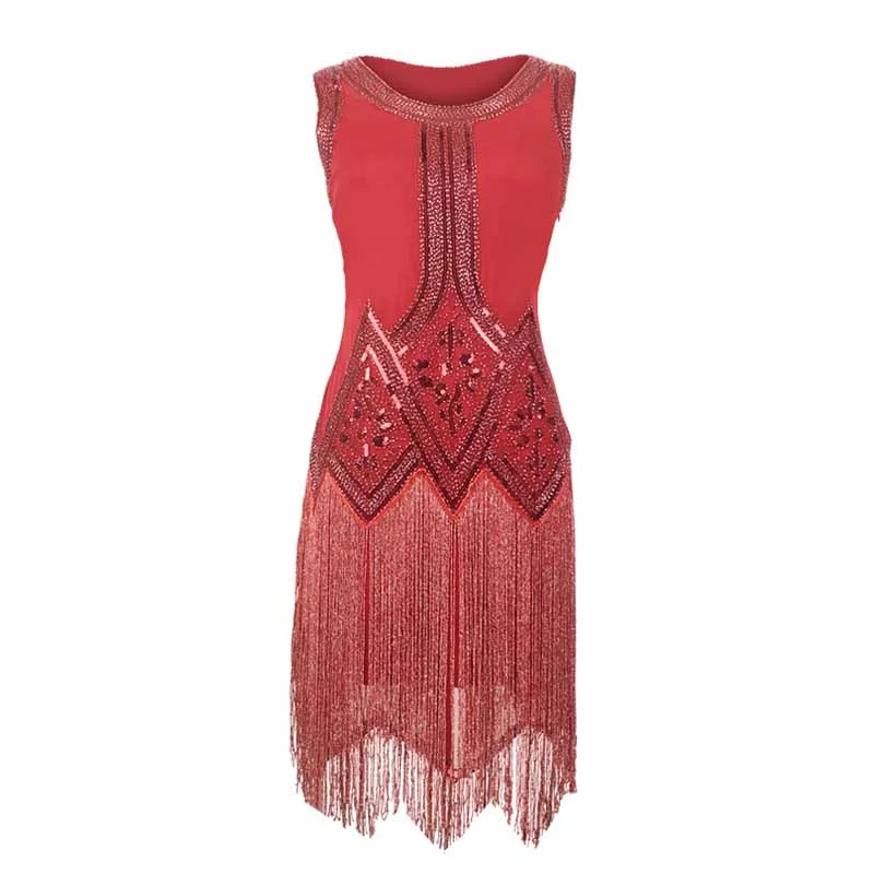 Vintage Christmas Party Fringe Dress Sexy Sequin Evening Dress A-Line Day Work