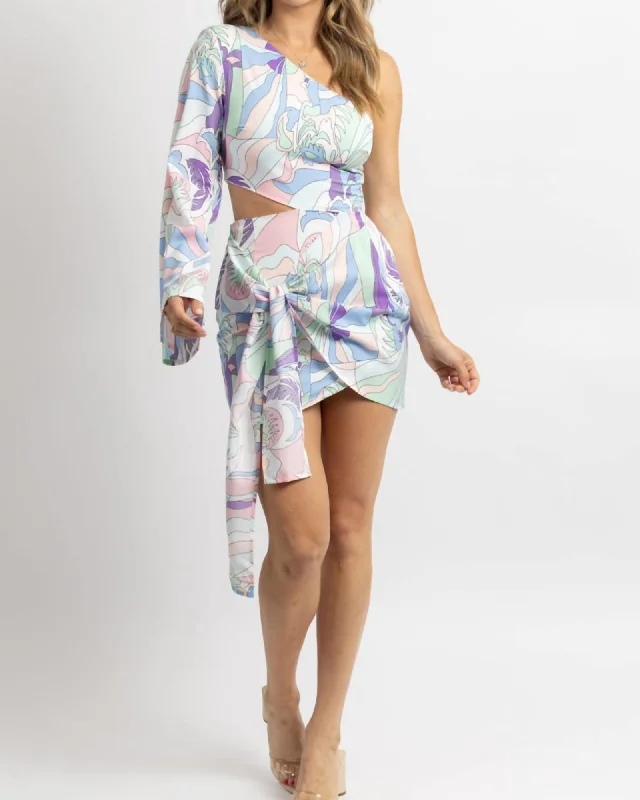 One Sleeved Side-Tie Mini Dress In Pastel Print | Pastel Print Cozy Wraparound Mini Dress
