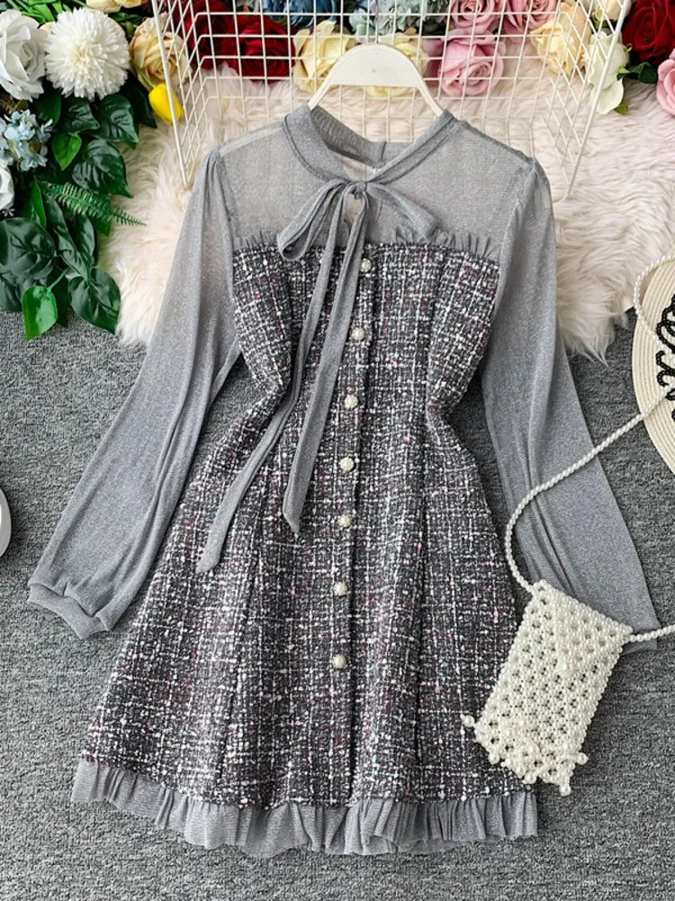 Getadme Autumn Fashion Long Sleeve Mini Dress Women Tweed Patchwork Mesh Ruffles Elegant Vintage Korean Slim Plaid Woolen Dress Vestidos Casual High-Waist Mini Dress