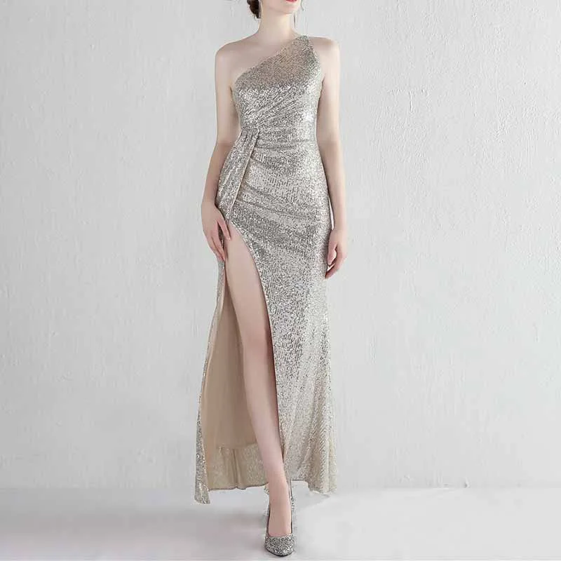 Women's Shinny Sequin Long Evening Dress One Shoulder Prom Gown Tunics Running lightweight