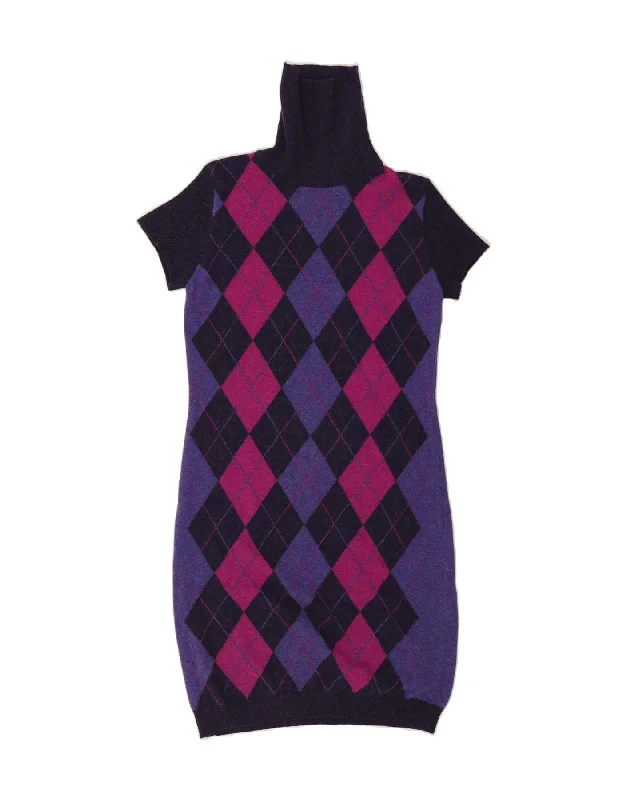 BENETTON Womens Roll Neck Jumper Dress UK 8 Small Purple Argyle/Diamond Tunics Print Colorful