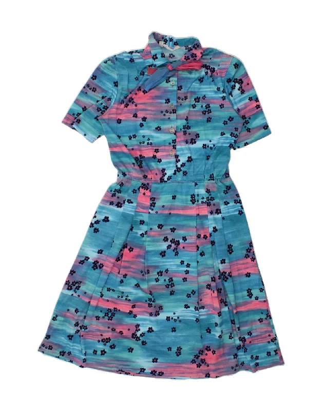 VINTAGE Womens Front Tie A-Line Dress UK 14 Medium Blue Floral Polyester Tunics Yoga stretchy