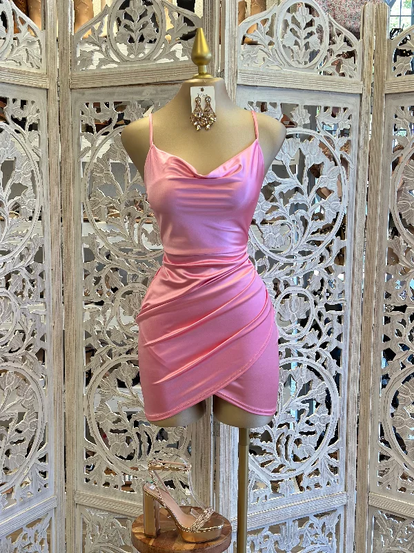 Draped Satin Pink Mini Dress Trendy A-Line Mini Dress