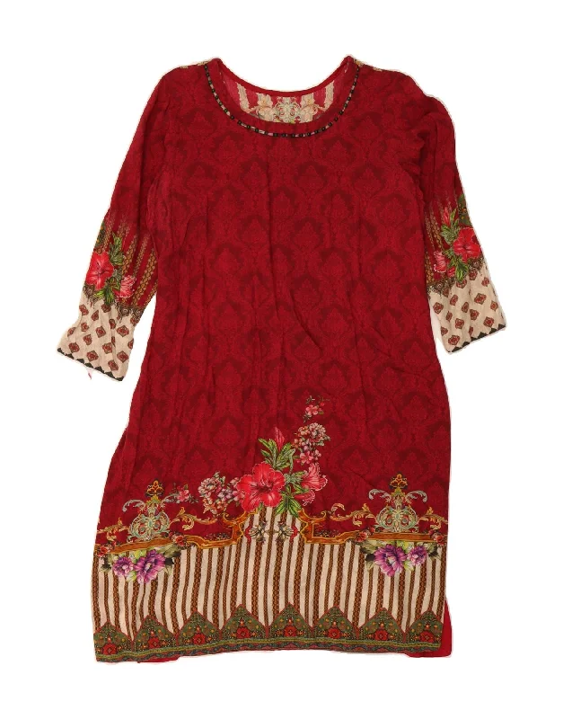 VINTAGE Womens 3/4 Sleeve Sheath Dress UK 12 Medium Red Floral Tunics Designer luxury