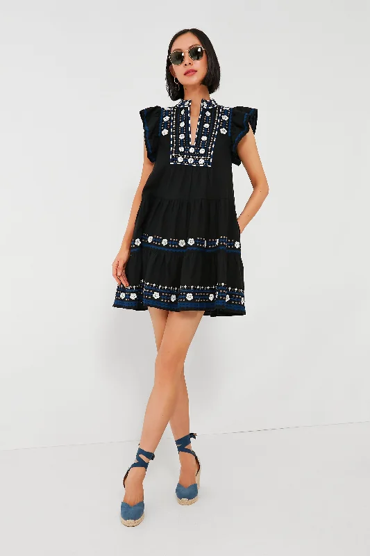 Black Shaina Embroidery Flutter Sleeve Dress Tunics Formal black