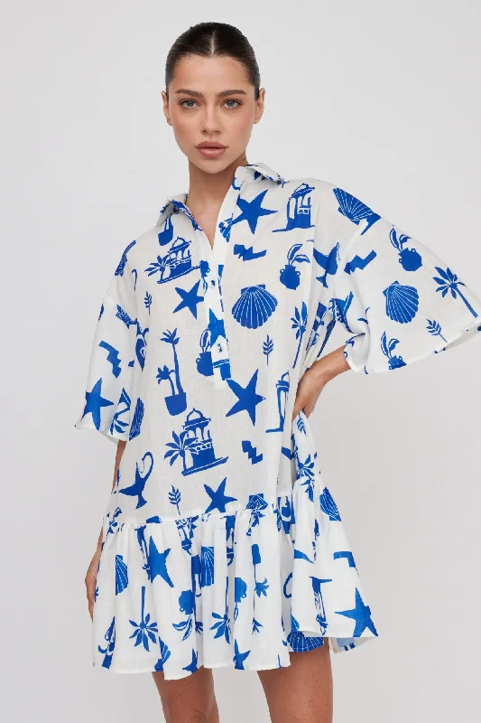 Day Trip Waist Tie Collared Dress Blue Tunics Long Elegant