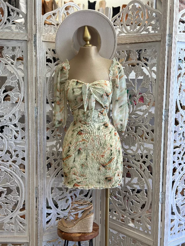 Tie Dye Print Bow Mini Dress Casual V-Neck Mini Dress