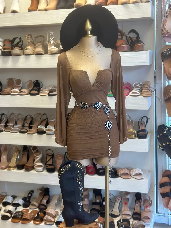 Brown V Bell Sleeve Mini Dress Trendy Floral Mini Dress