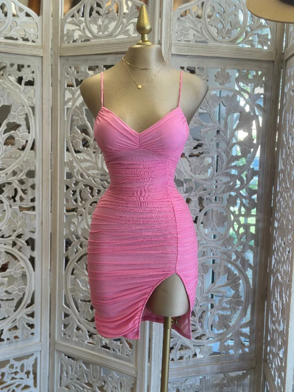 Flamingo Pink Slit Mini Dress Casual V-Neck Mini Dress