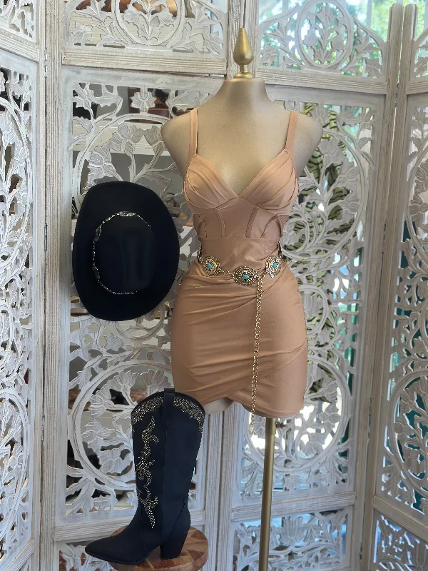 Nude V Lined Mini Dress Elegant Silk Mini Dress