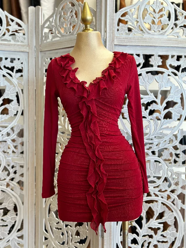 Red Ruched Ruffle Mini Dress-Stretchy Trendy Off-Shoulder Dress Mini