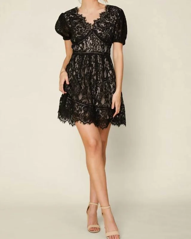 The Alva Short Sleeve Lace Trim Mini Dress In Black | Black Elegant Lace Mini Dress