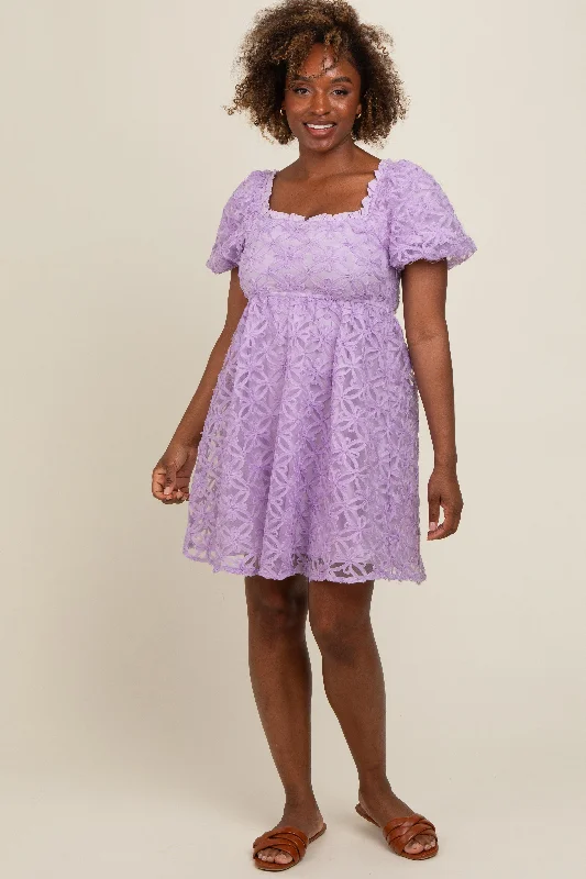 Lavender Floral Mesh Lace Puff Sleeve Dress Tunics stripes playful