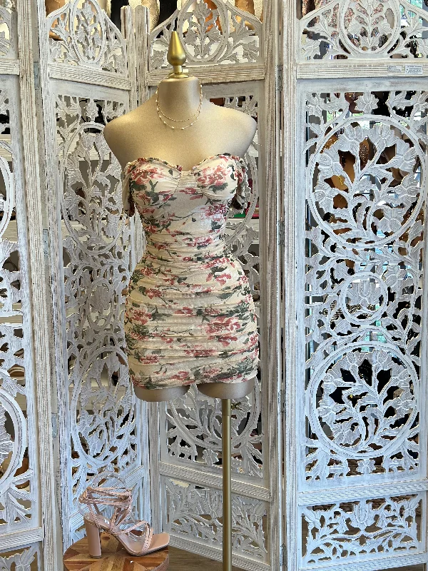 Beige Floral Mini Dress Stylish Floral Print Mini Dress