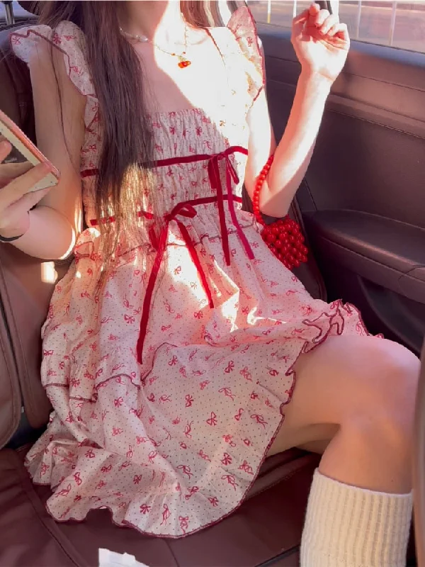 Summer Floral Korea Kawaii Dress Women France Vintage Elegant Party Mini Dresses Lace Print Casual Sweet Cute Fairy Dress 2023 Casual High-Waist Mini Dress
