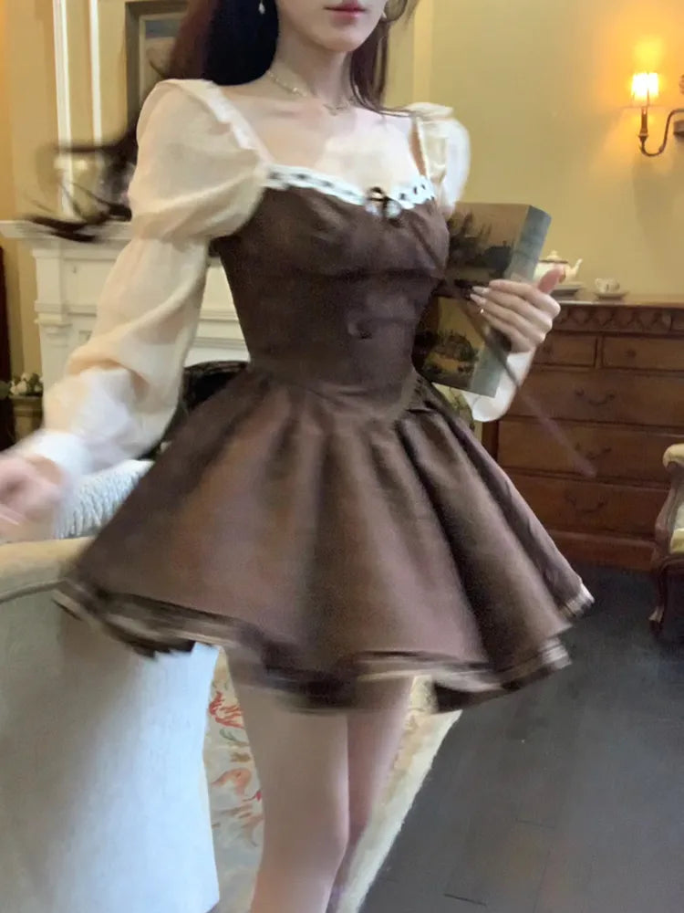 Kawaii Sweet Y2k Mini Dress Woman Short Party Vintage Lace Plaid Dress Bow Design One Piece Dress Korean Fashion Autumn 2023 Cozy Ruched Mini Dress
