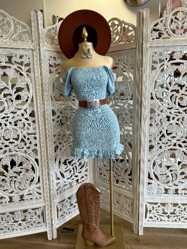 Blue  Smocked Mini Dress- Stretchy Cozy Satin Mini Dress