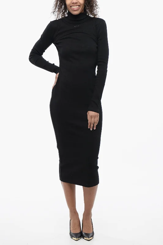 Off-White Long Bodycon Turtle-neck Dress with Ribbed Design Tunics Sophisticated sleek
