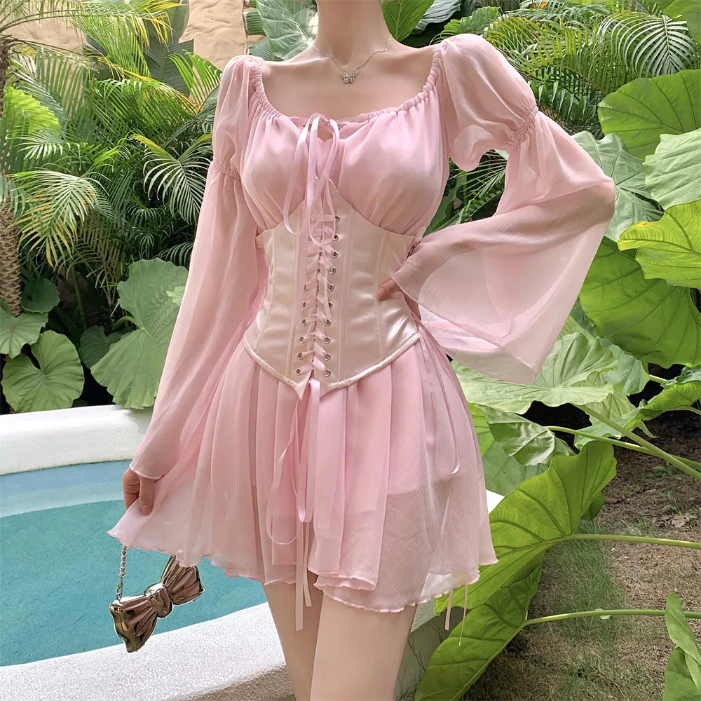 Getadme-Chiffon Mini Dress Woman With A Tight Corset Bandage Dresses Beach Party Casual Short Sundress 2 Pieces Set Women's Clothing Elegant Lace Mini Dress