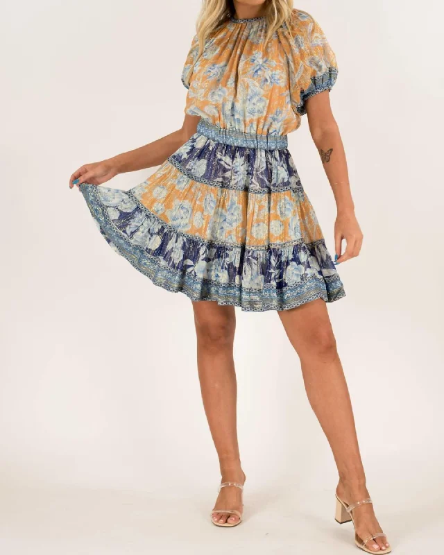 Dolce Doll Mini Dress in Gold/Blue/Metallic | Gold/Blue/Metallic Stylish Short Sleeve Mini Dress