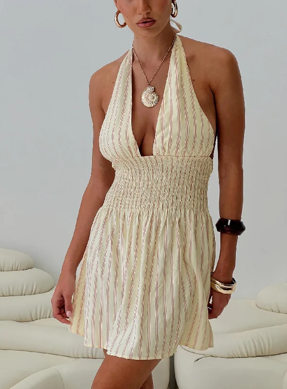 Alivea Shirred Mini Dress Cream Trendy Crossover Mini Dress