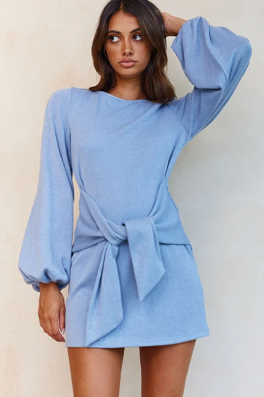 Rapt Waist Tie Balloon Sleeve Knit Dress Blue Tunics Satin smooth
