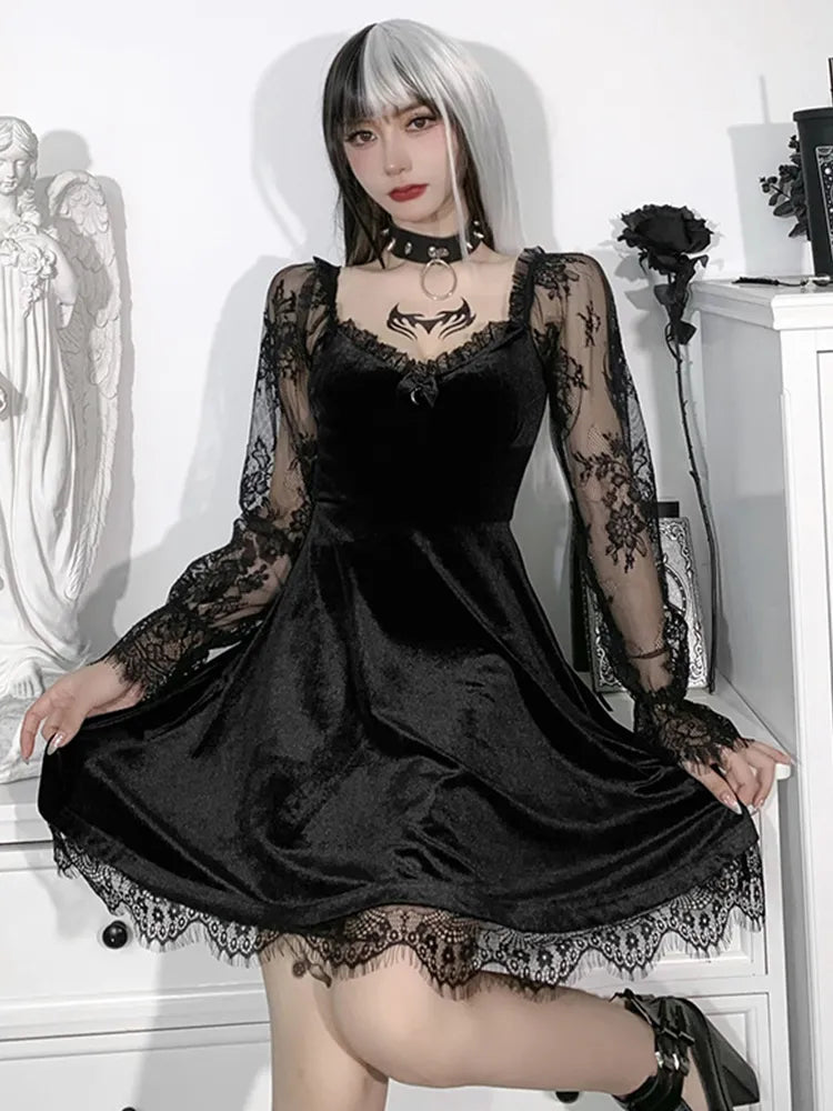 Getadme E-girl Grunge Gothic Black Mini Dress Lace Trim High Waist Bodycon Dress Women 90s Vintage Punk Harajuku Lolita Clothes Stylish Spaghetti Strap Mini Dress