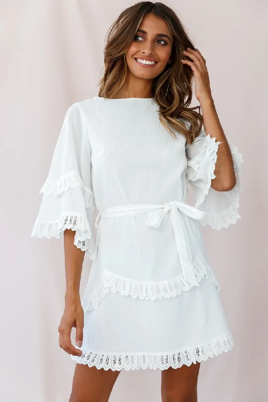 Talitha Waist Tie Lace Trim Dress White Tunics Fashionable trendy