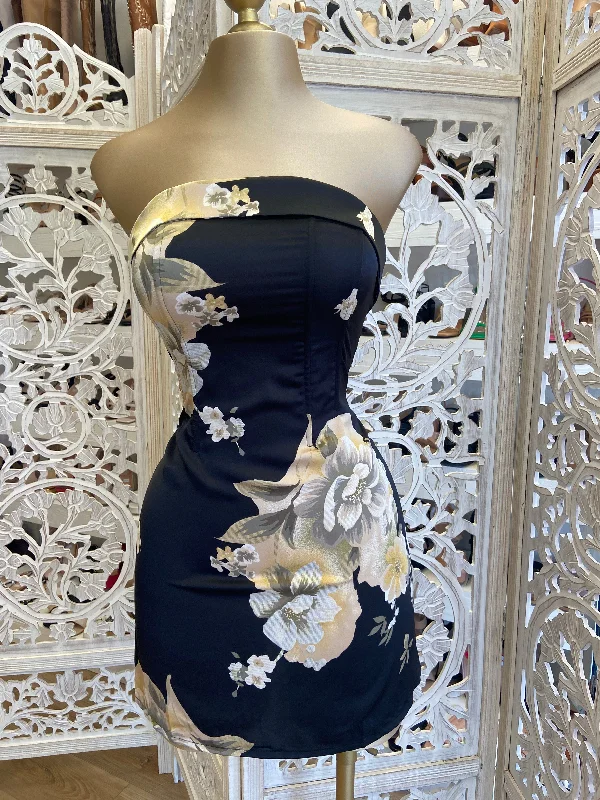 Strapless Satin Floral Mini Dress Fashionable Lace-Trim Mini Dress