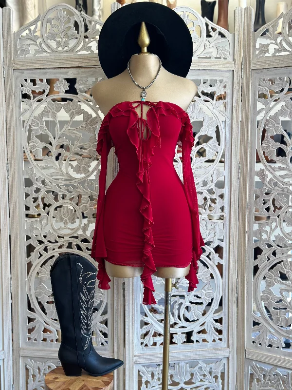 Red Ruffled Mini Dress- Stretchy Elegant Lace Mini Dress