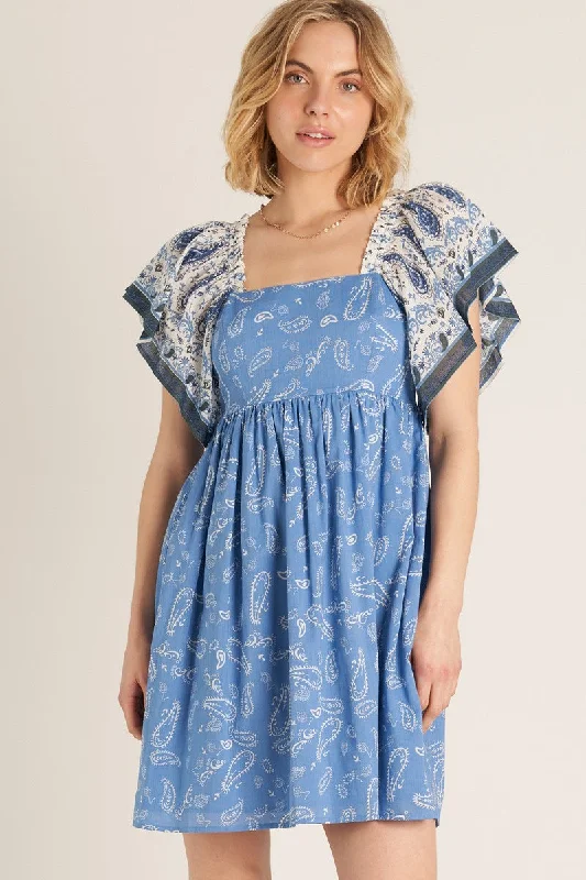 MIXED PAISLEY SQUARE NECK DRESS Tunics Short Trendy