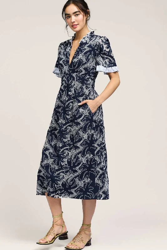 RUFFLE SPLIT NECK EMBROIDERED DRESS Pencil Office Professional