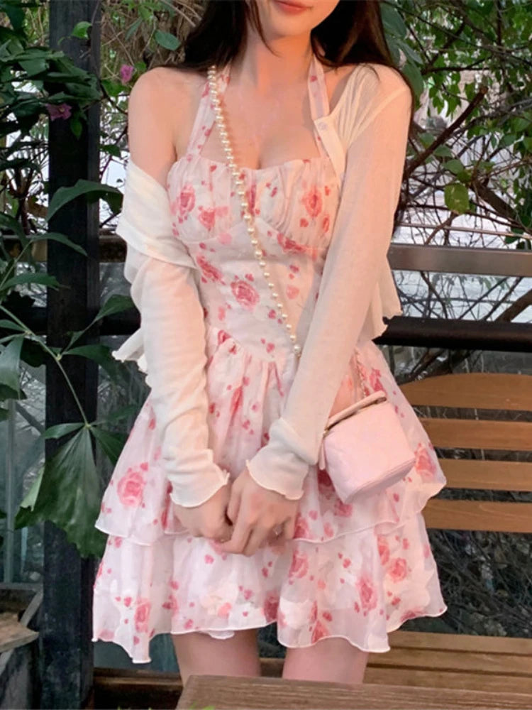 Getadme-Autumn Sweet Floral Strap Dress Women Sexy Beach Party Korean Mini Dress Female Ruffles Designer Casual Fashion Chic Dress Elegant Floral-Print Mini Dress