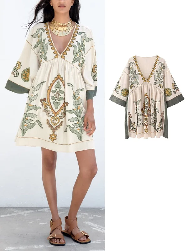 Linen Embroidery Dress Woman Loose Summer Short Dresses for Women 2023 Three Quarter Sleeve Dress Female Casual Mini Dress Trendy Mini Dress with Belt