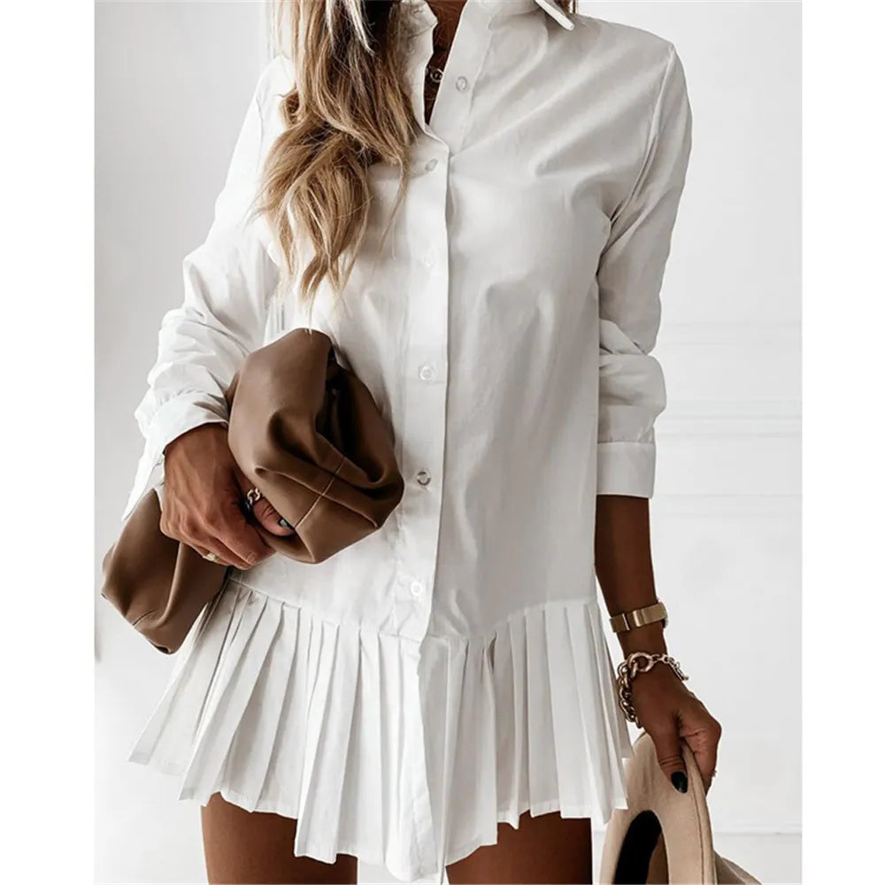 Woman Solid Color Shirt Dress Lapel Long Sleeve Pleated Single-Breasted Mini Dress Female Ladies Spring Clothing Comfortable Zip-Up Mini Dress