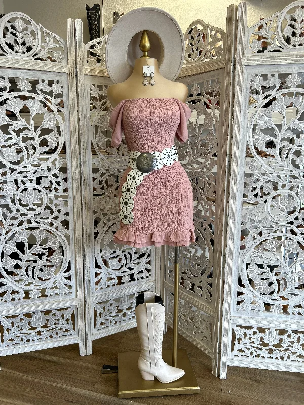Mauve Smocked Mini Dress- Stretchy Elegant Floral-Print Mini Dress