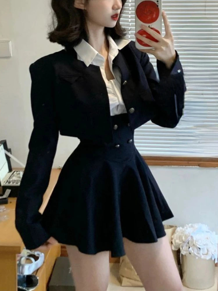 Getadme Preppy Style Vintage Fashion Suit Woman White Shirt + Short Coat + High Waist Slim Y2k Mini Dress Japanese Elegant Set Chic Comfortable Smocked Mini Dress