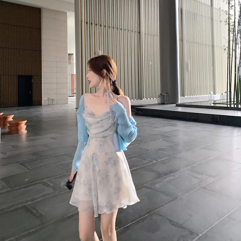 Getadme Fashion Sexy V-Neck Spaghetti Straps Floral Thin Chiffon Dress Women Summer Backless Elastic High Waist Party Club Mini Dresses Stylish Sweetheart Neck Mini Dress