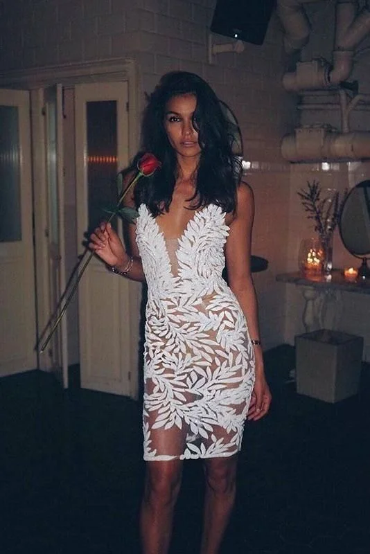 White Mini Lace Homecoming Dresses, Sexy Sheath Mini Dress C656 Fashionable Mini Dress with Frills
