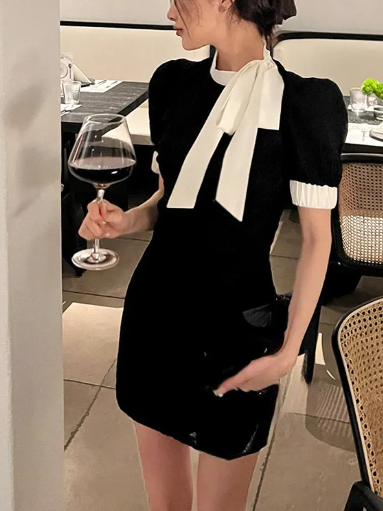 Vintage Slim Black Mini Dress Office Lady 2022 Summer Sexy Bodycon Elegant Dress Party Casual Short Sleeve Dress Korean Woman Cozy Ribbed Mini Dress