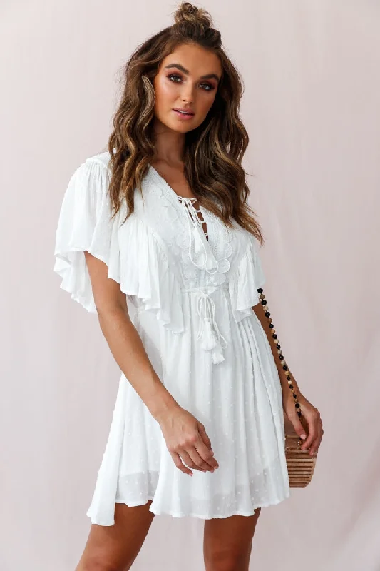 Hazel Crochet And Tassel Detail Drawstring Waist Dress White Tunics Travel practical