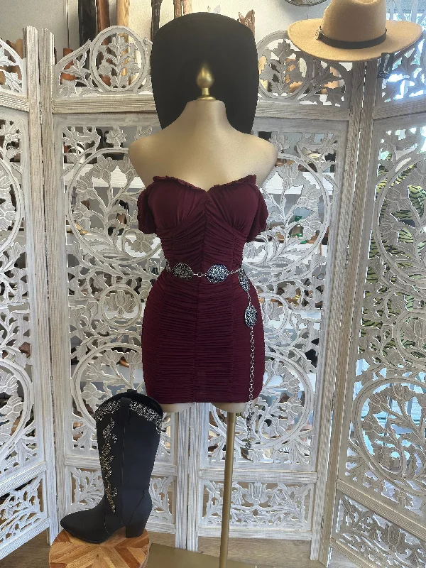 Burgundy Ruched Mini Dress Elegant Lace-Up Mini Dress